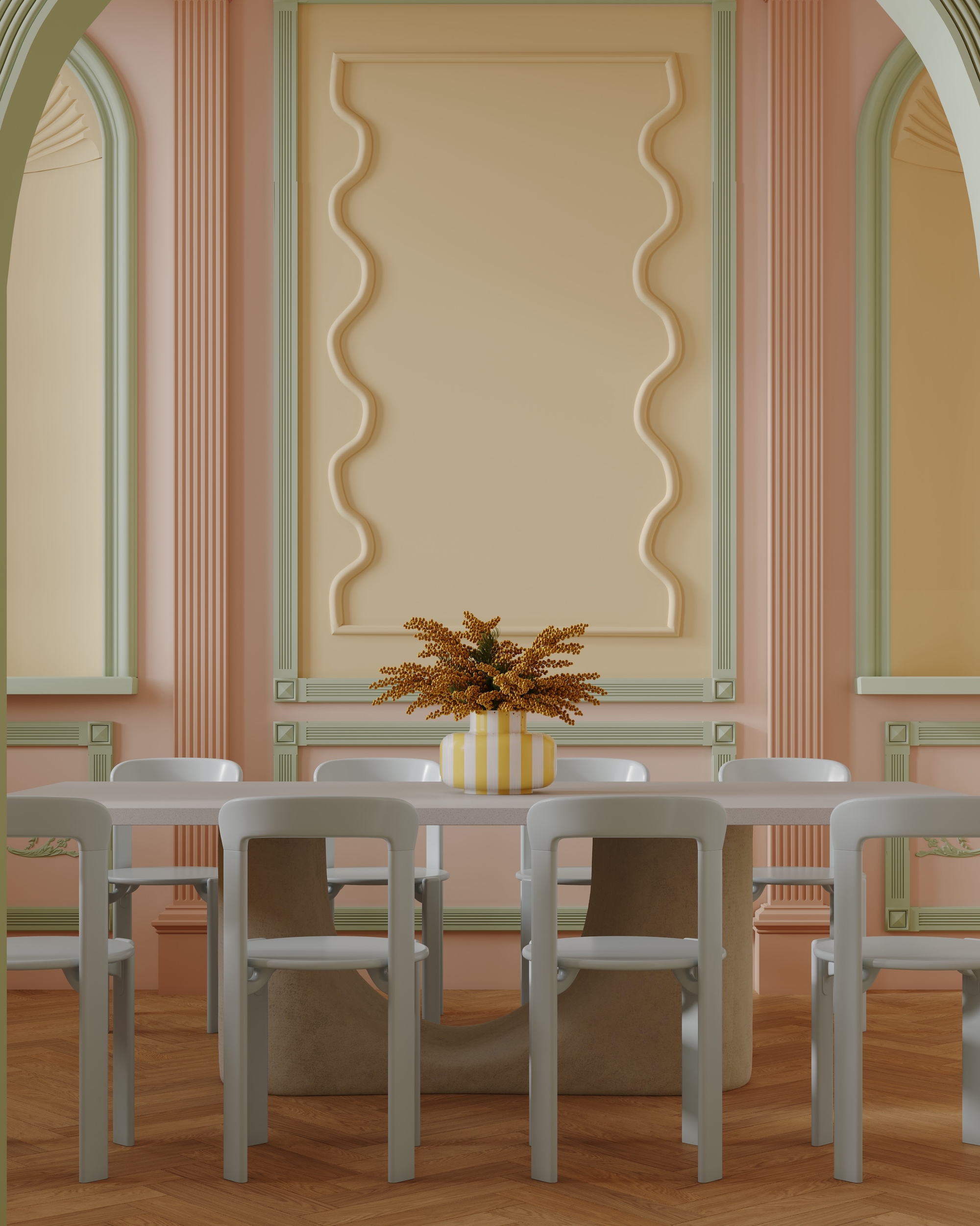 A pastel coloured dining space with interesting architectural details on the walls, with the pale grey/blue dining table and chairs in front.