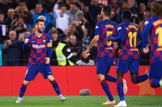 Lionel Messi celebrates after scoring Barcelona's third goal against Celta Vigo in November 2019.