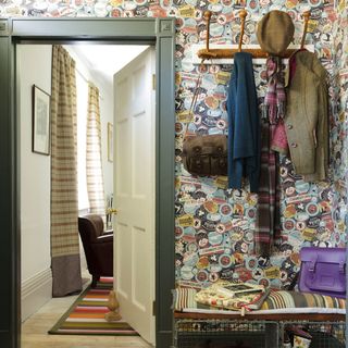 hallway with white wall and curtain