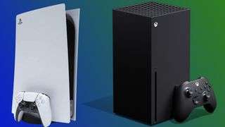 PS5 en Xbox Series X tegen een blauwe en groene achtergrond