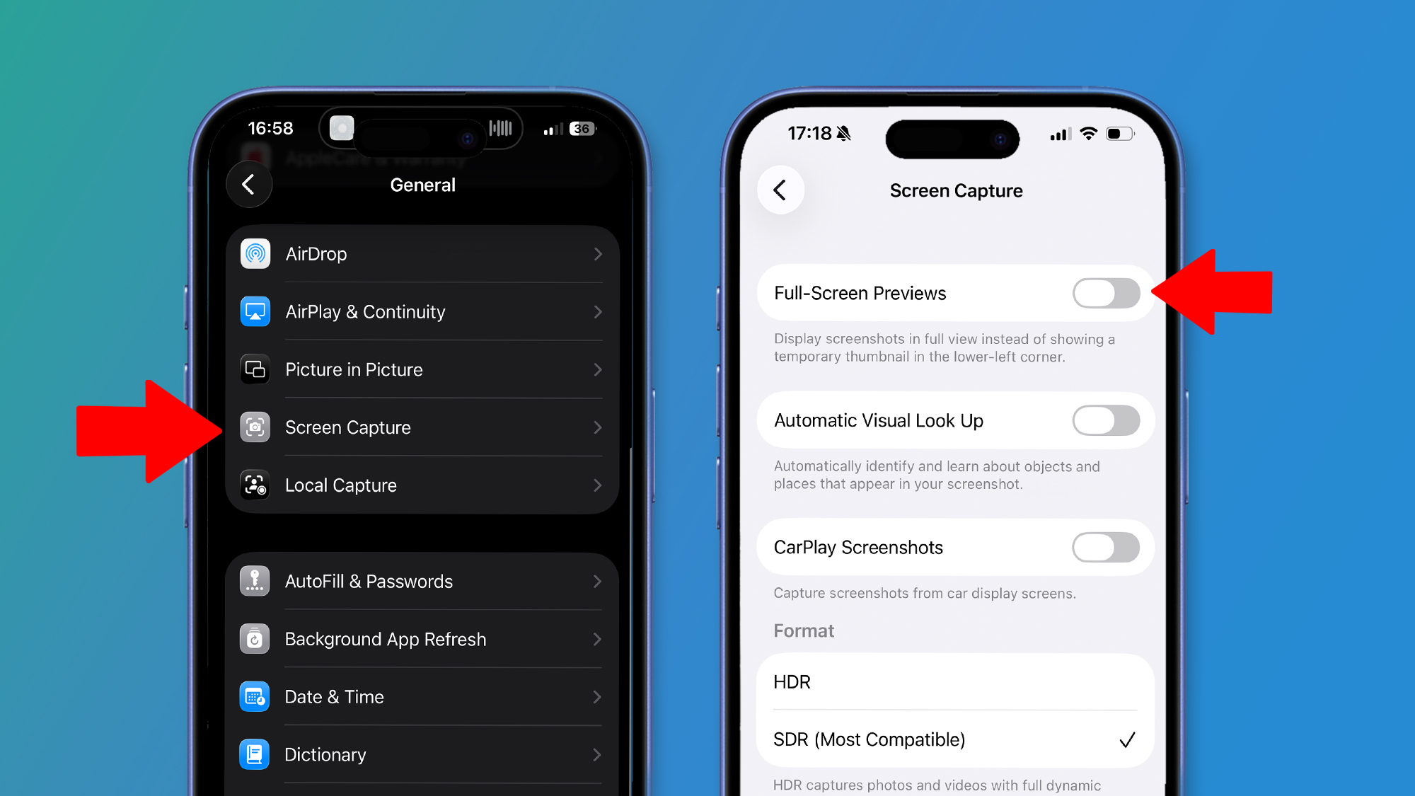Two iPhones on a green and blue background showing iOS 26 settings