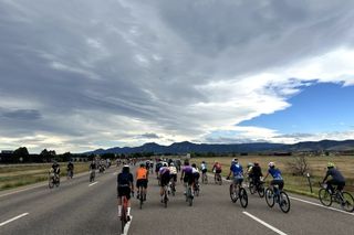 Cyclists ride on the closed-to-cars CO 119 highway in Boulder as part of the 2024 Ride For Magnus.