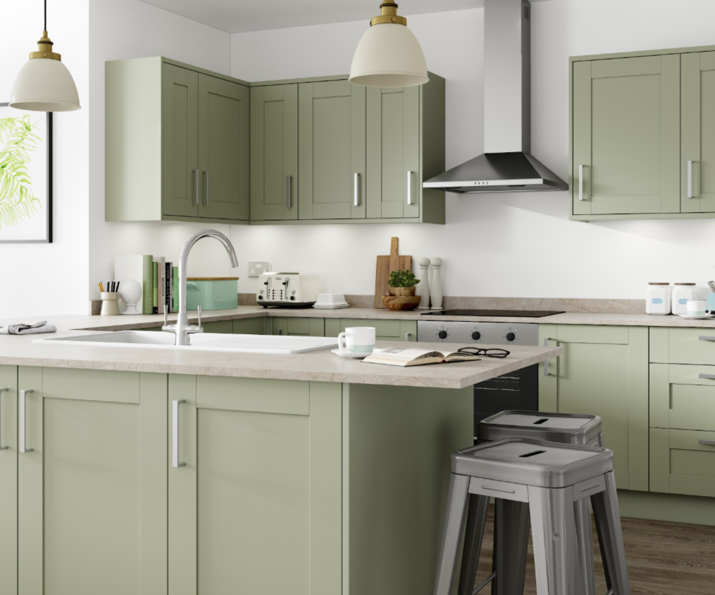 Wickes Ohio kitchen in green with marble look worktop