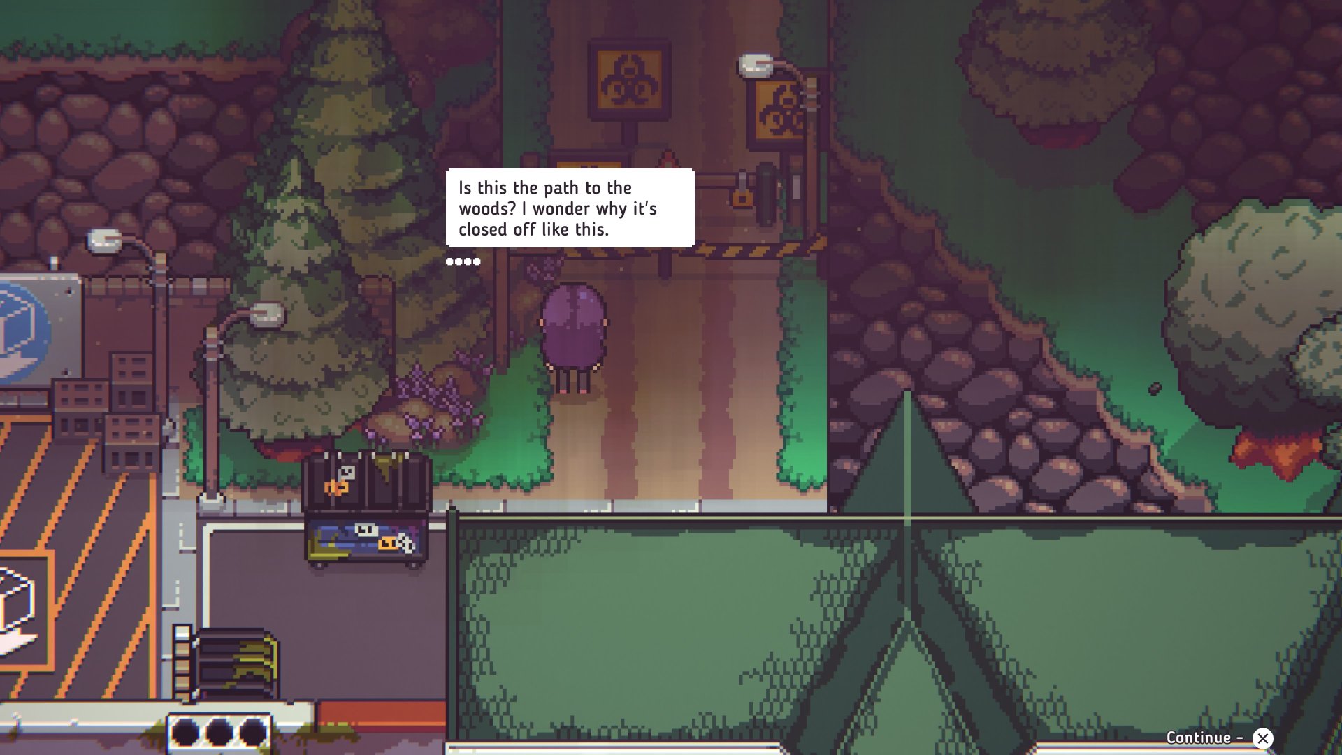 Discounty screenshot showing the player character approaches hazard signs that block off the path to the woods, and they question, &amp;quot;I wonder why it&#039;s closed off like this?&amp;quot;