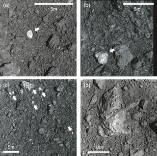 Japan's Hayabusa2 spacecraft captured these images of unusually bright S-type rocks that stand out from the darker C-type material that makes up the bulk of asteroid Ryugu.