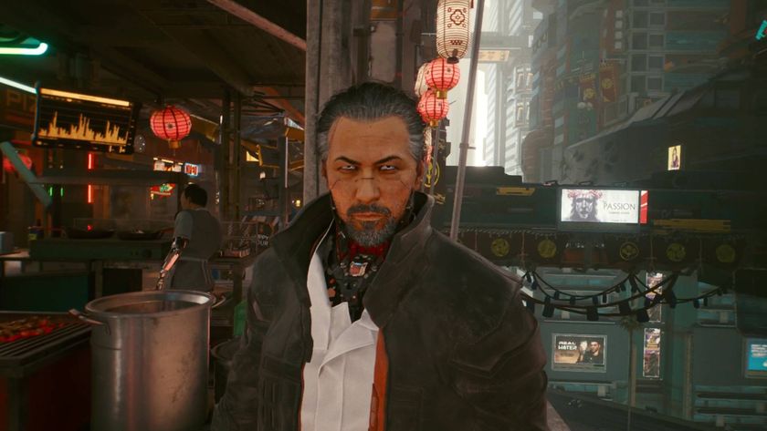 Takemura in Cyberpunk 2077 standing next to a railing.