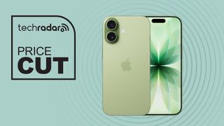 Apple iPhone 17 on green background with price cut text overlay