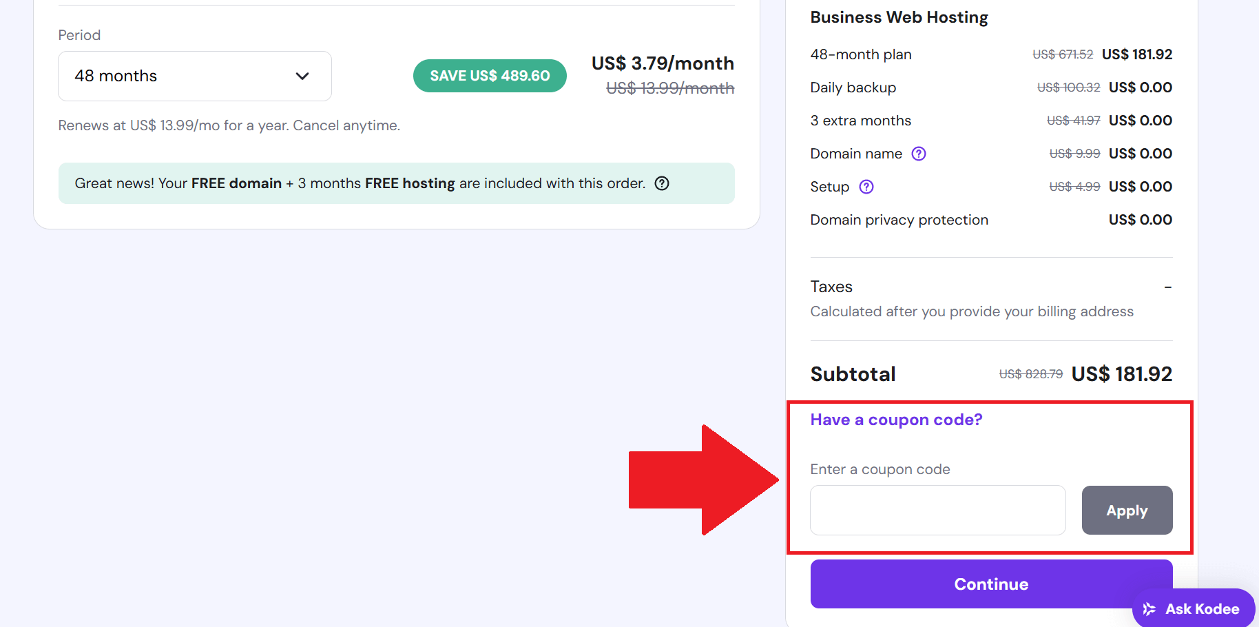 A screenshot of the Hostinger checkout screen showing how to enter a Hostinger coupon code