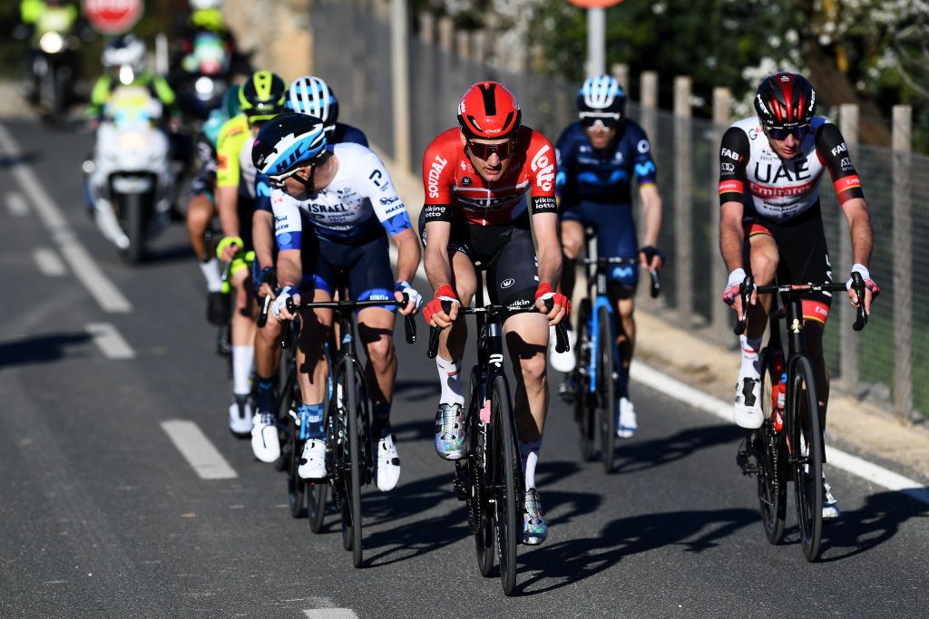 LLOSETA SPAIN JANUARY 28 LR Simon Clarke of Australia and Israel StartUp Nation Team Tim Wellens of Belgium and Team Lotto Soudal and Brandon Mcnulty of United States and UAE Team Emirates compete during the 31st Challenge Ciclista Mallorca 2022 Trofeo Serra De Tramuntana a 1589km race from Lloseta to Lloseta ChallengeMallorca on January 28 2022 in Lloseta Spain Photo by Tim de WaeleGetty Images