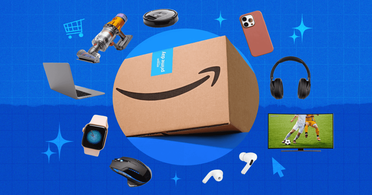 An image featuring an amazon delivery box surrounded by products