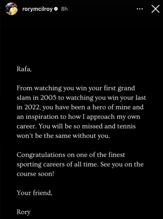 A screenshot of Rory McIlroy's message to Rafa Nadal after the tennis player's retirement