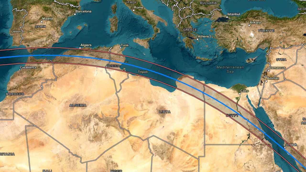 Maps showing the path of totality for the 2027 total solar eclipse.