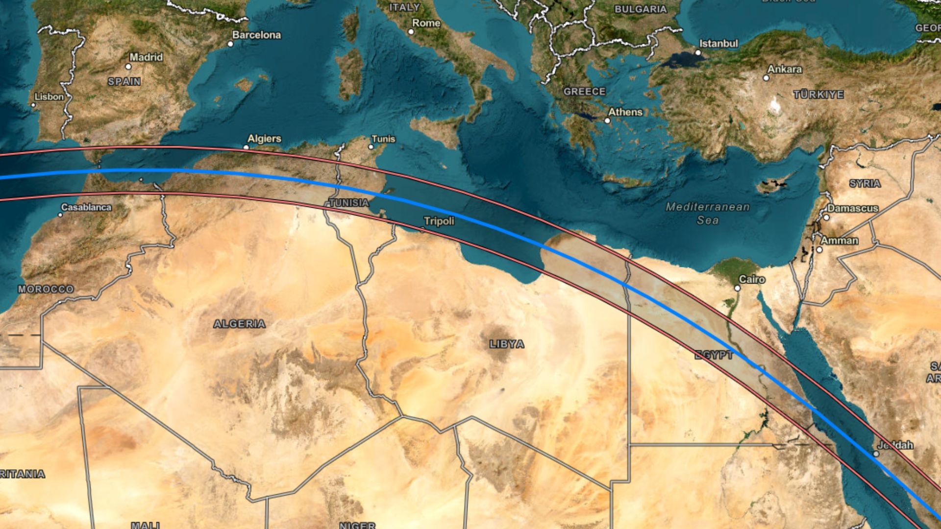 Maps showing the path of totality for the 2027 total solar eclipse.