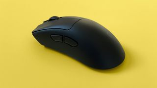 A Razer DeathAdder V3 HyperSpeed mouse against a yellow background.