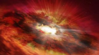 An artist's impression of a transitioning red quasar -- a bright, compact object shrouded in clouds of red dust