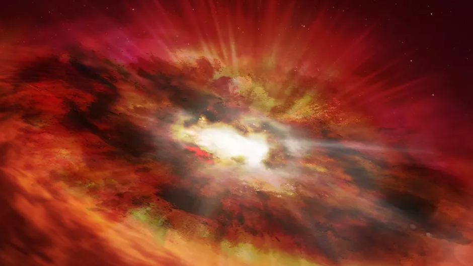 An artist's impression of a transitioning red quasar -- a bright, compact object shrouded in clouds of red dust