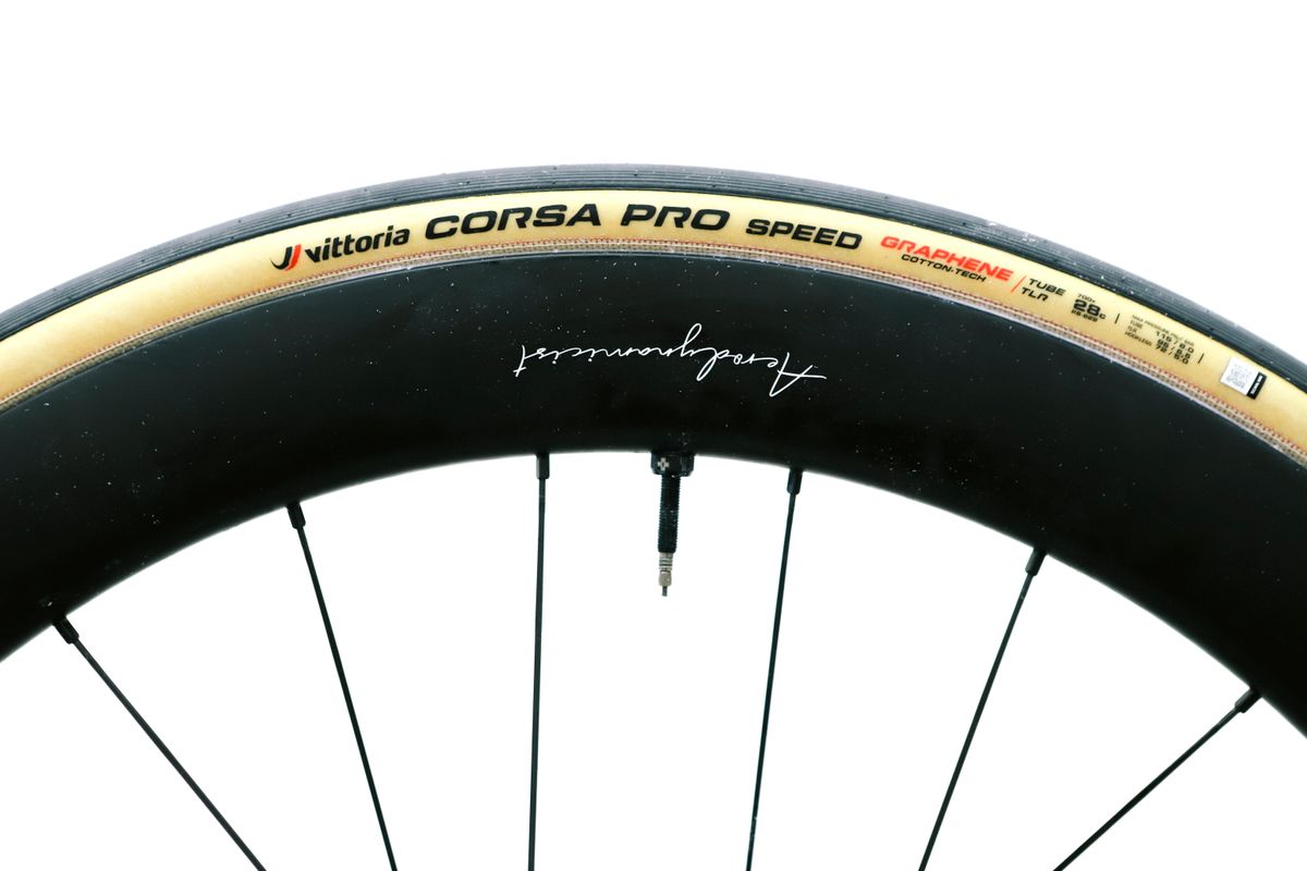 A tan bicycle tyre on a white background