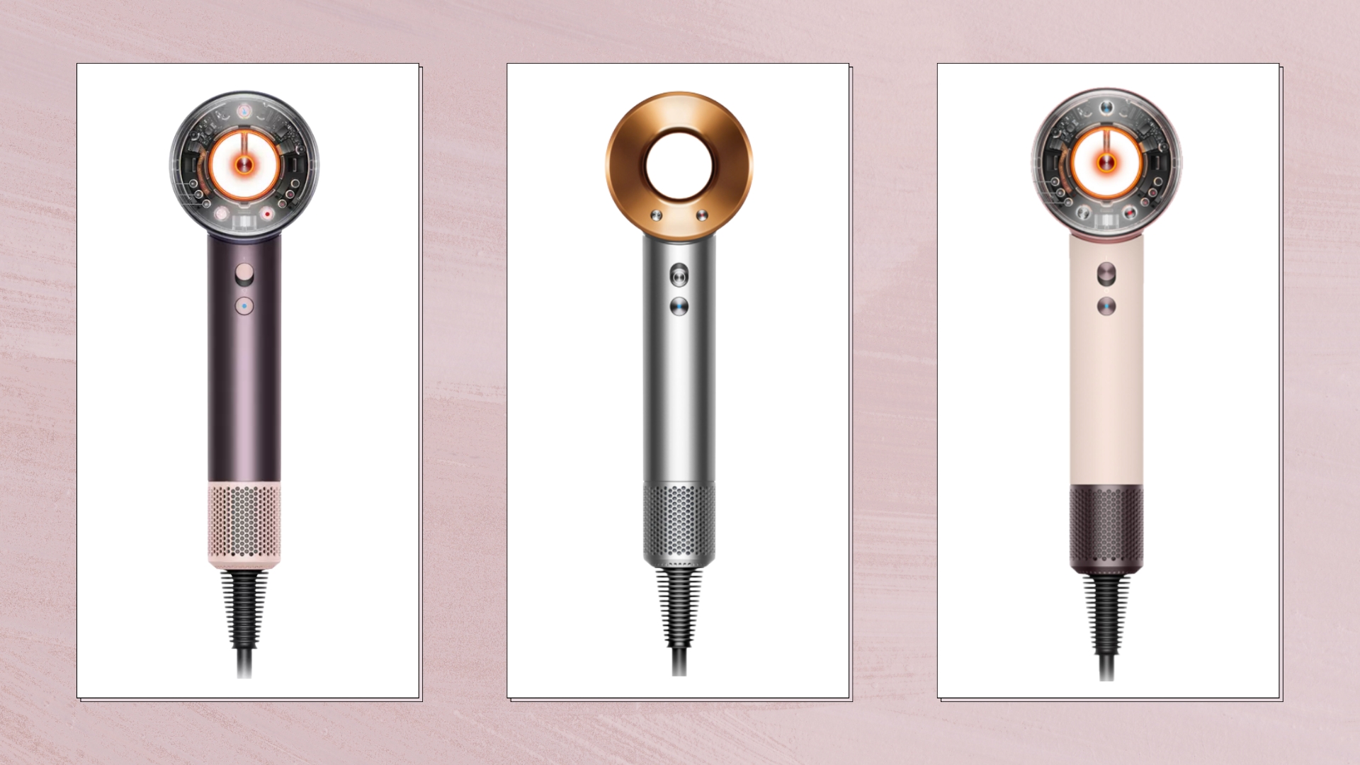 A collage of product shots of the Dyson Supersonic and Supersonic Nural hair dryers in a range of colourways/ featured in a pastel purple watercolour paint-style template