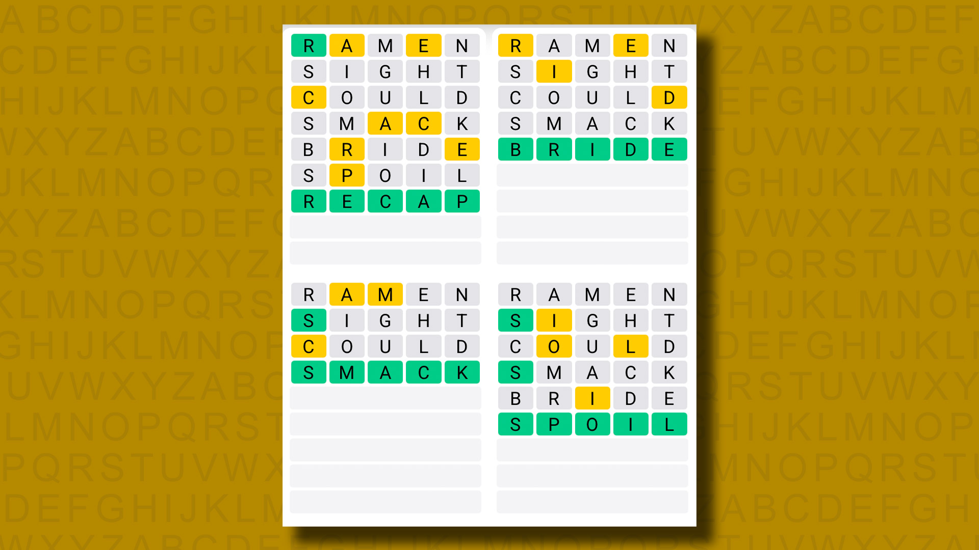 Quordle answers for game 1316 on a yellow background