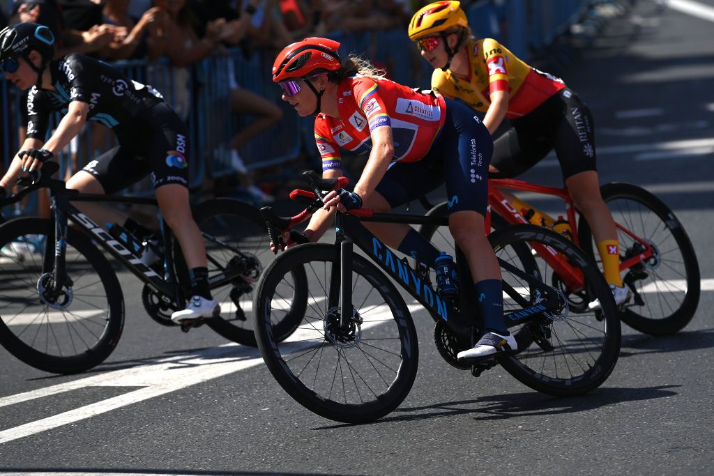 MADRID SPAIN SEPTEMBER 11 Annemiek Van Vleuten of Netherlands and Movistar Team Women Red Leader Jersey competes during the 8th Ceratizit Challenge By La Vuelta 2022 Stage 5 a 957km stage from Madrid to Madrid CERATIZITChallenge22 UCIWWT on on September 11 2022 in Madrid Spain Photo by Justin SetterfieldGetty Images