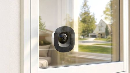 The Eufy E10 Window Camera stuck to a glass pane