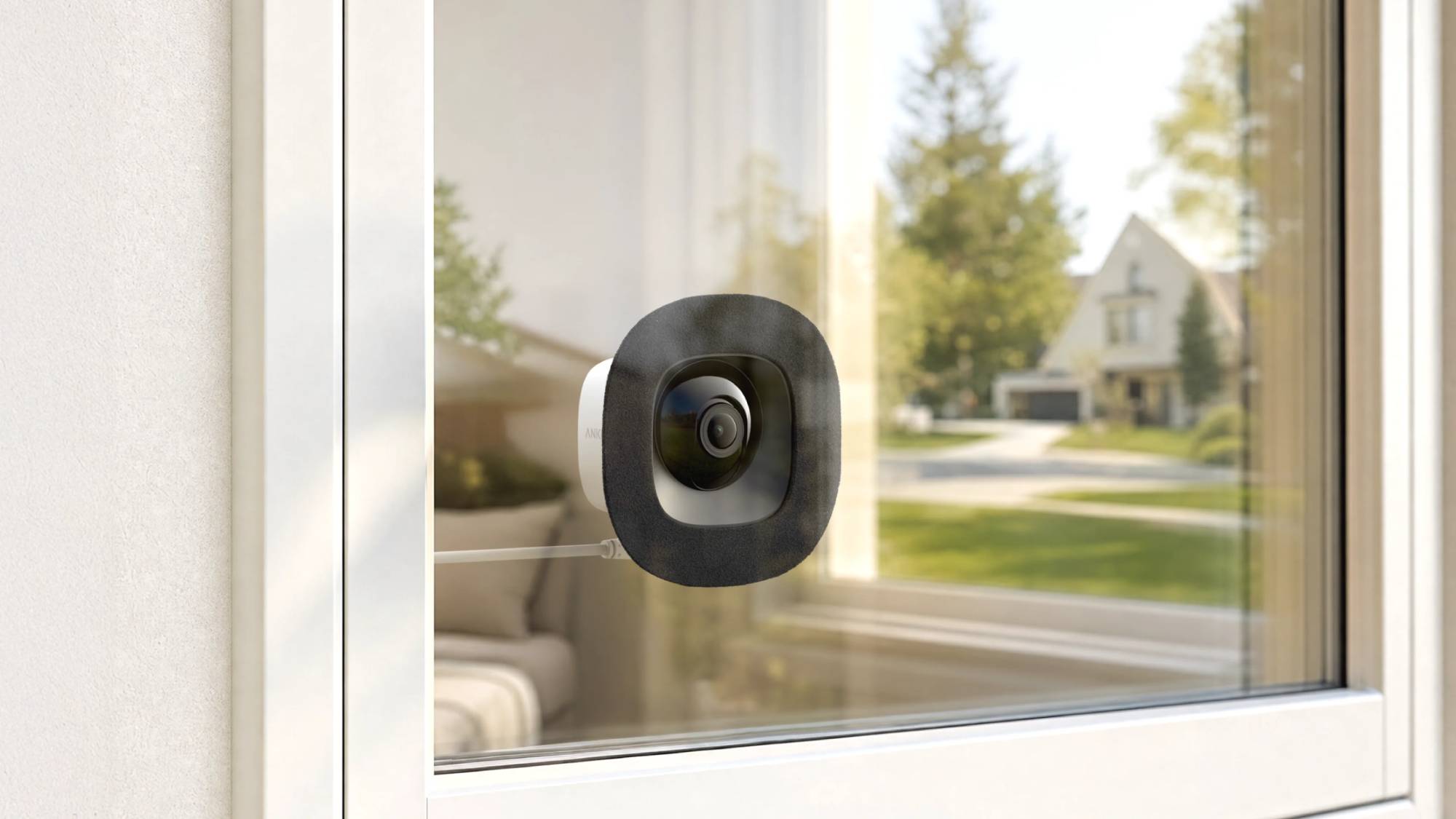 The Eufy E10 Window Camera stuck to a glass pane 