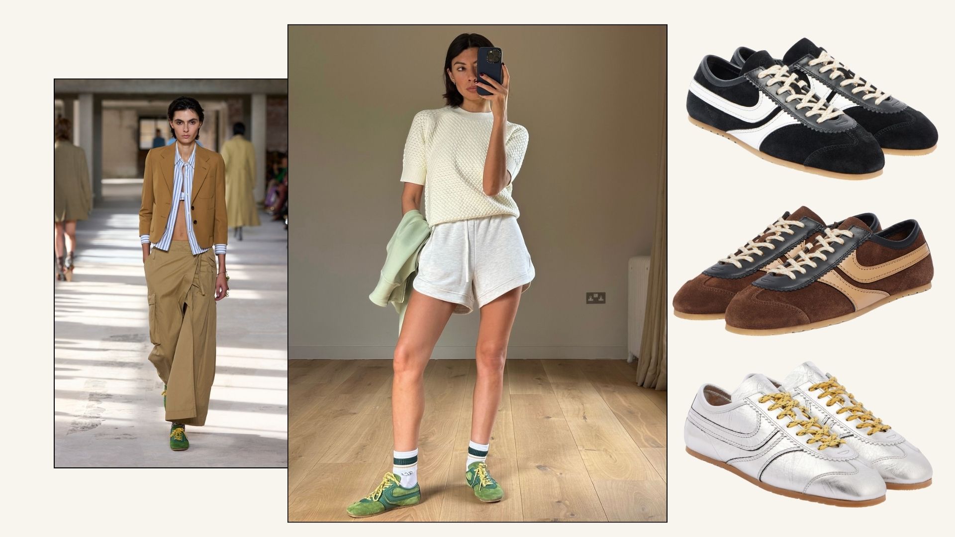 Model wears Dries Van Noten Trainers trainers on the runway, next to image of influencer wearing Dries Van Noten trainers in green.