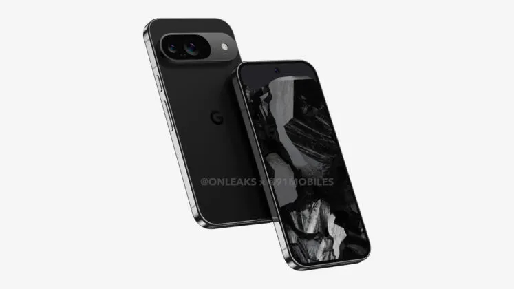 A leaked Google Pixel 9 render showing its front and back at an angle. The camera module is now a pill shape and the phone looks more like an iPhone