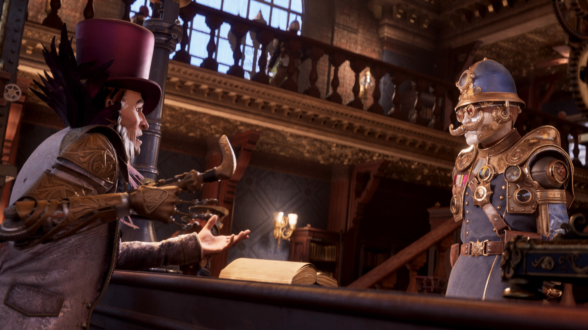 A character talking to a robotic policeman in Clockwork Revolution in an old victorian building 