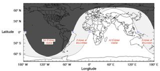 The regions that will see all or part of the June 4-5 penumbral lunar eclipse.
