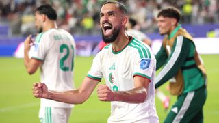 SANTA CLARA, CALIFORNIA - JUNE 22: Nabil Bentaleb #19 of Algeria celebrates after the team's second goal by Amine Gouiri #9 during the FIFA World Cup 2026 Group J match between Jordan and Algeria at San Francisco Bay Area Stadium on June 22, 2026 in Santa Clara, California. (Photo by Stu Forster/Getty Images)