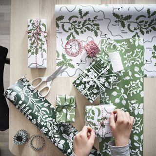 Christmas gift wrap in green and white