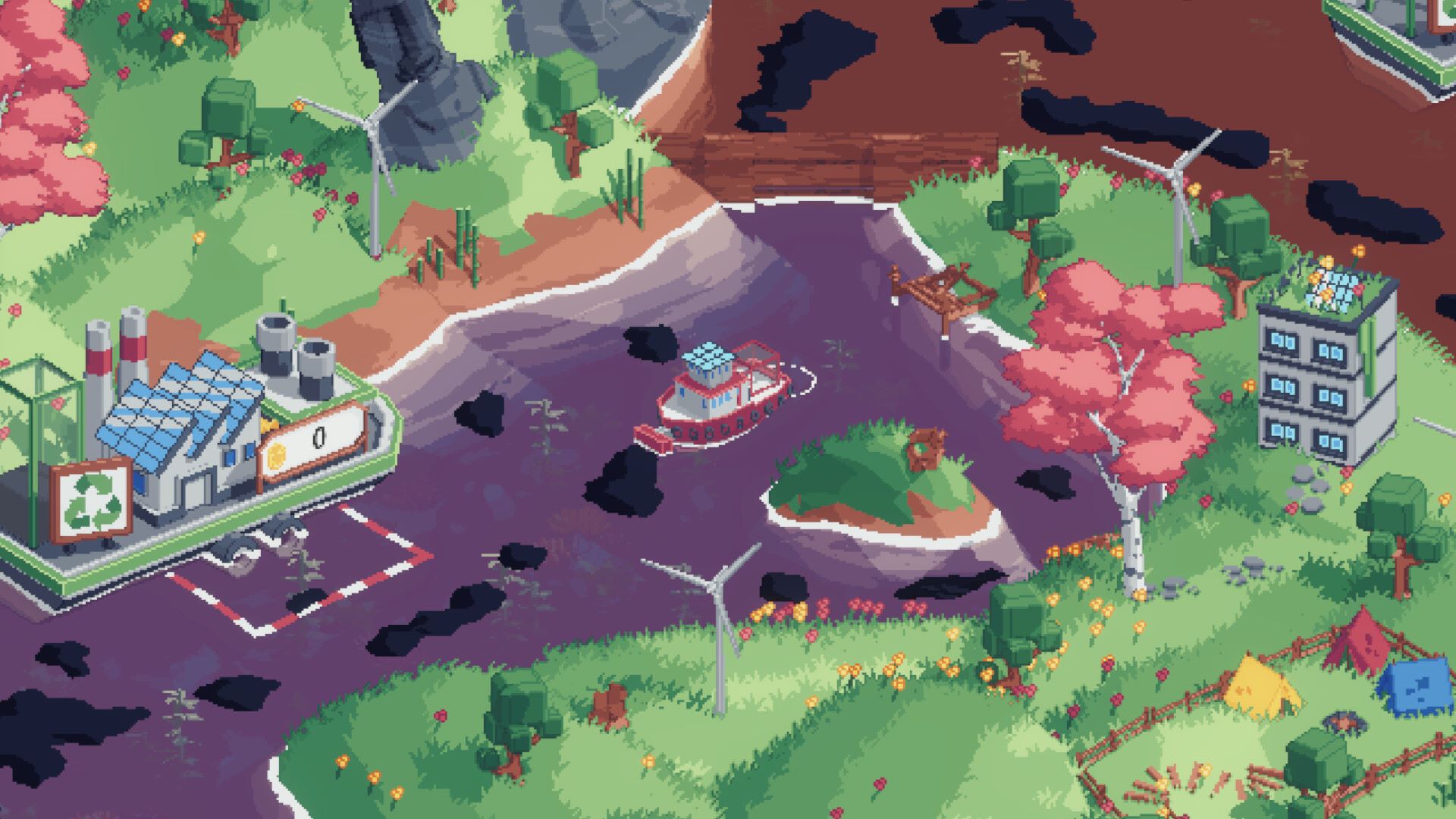 Screenshot from Spilled!, showing a top-down view of a boat cleaning up oil spillage in a small lake/river with greenery surrounding the water.
