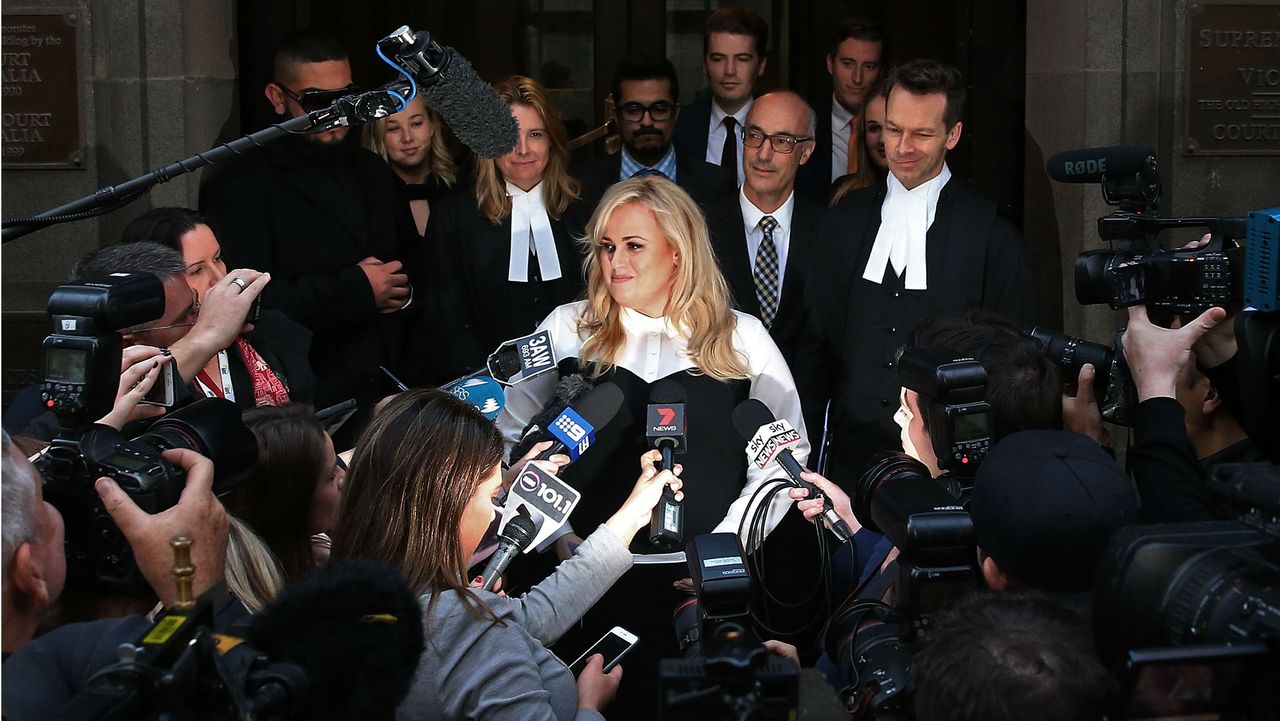 Actor Rebel Wilson speaks to journalists in Melbourne after winning her defamation case against publishers Bauer Media