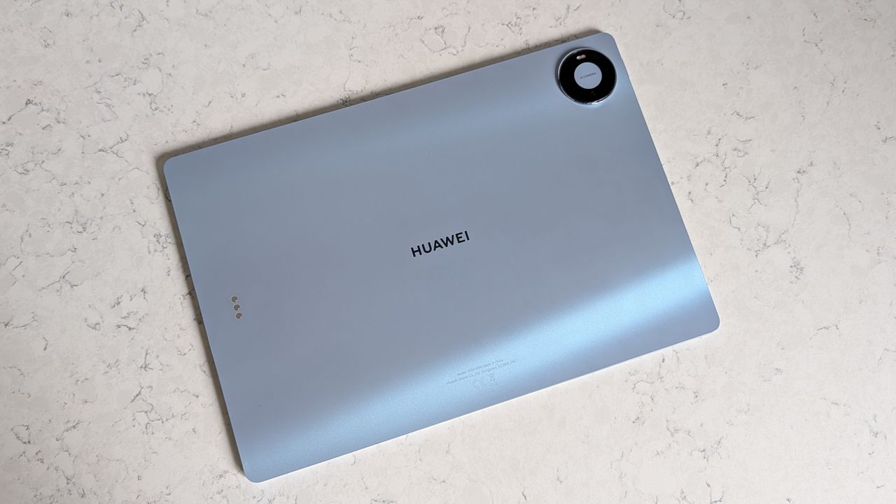 Photos of the Huawei MatePad Pro Max resting on a marble table