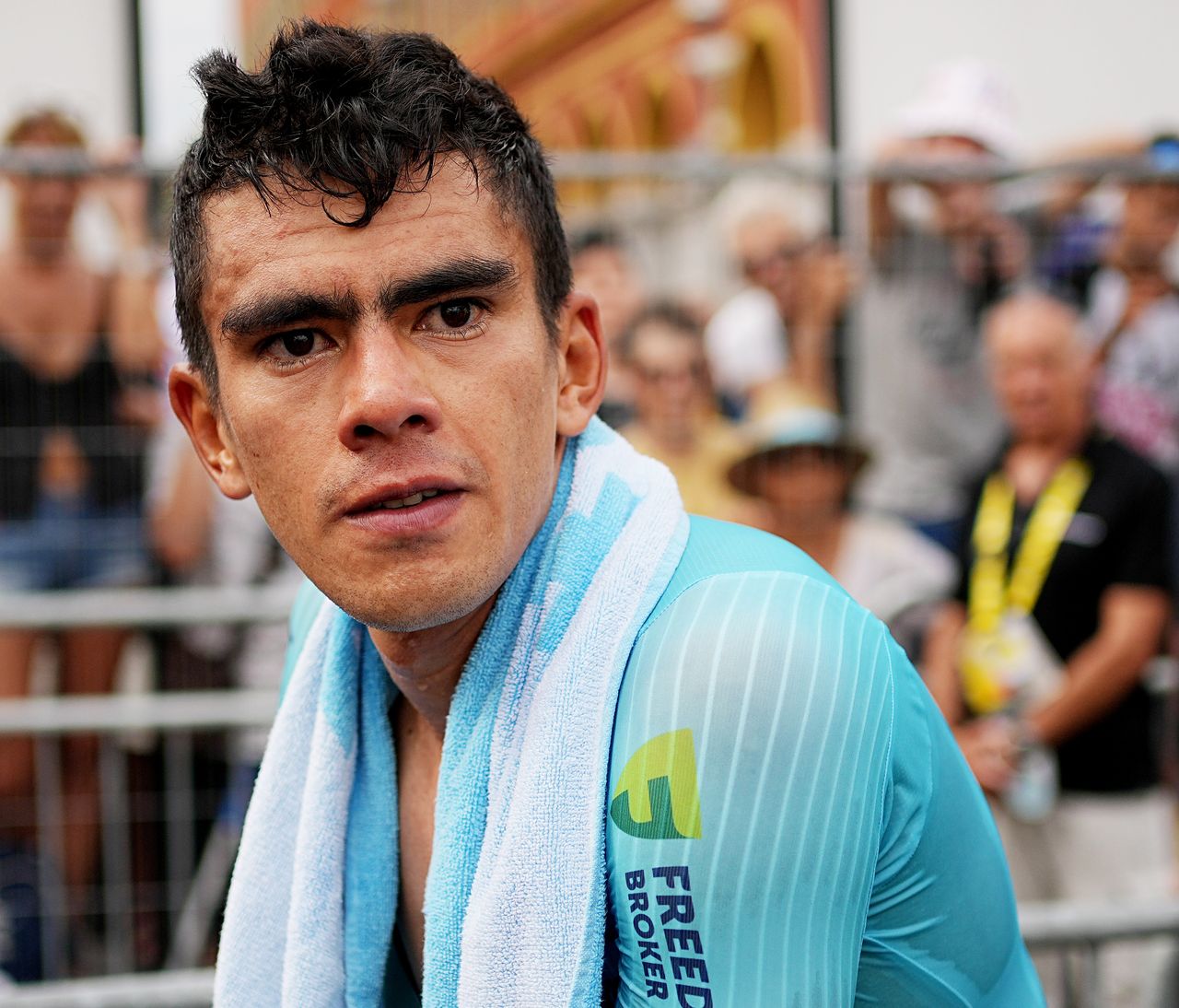 NICE, FRANCE - JULY 21: Harold Tejada of Colombia and Astana Qazaqstan Team reacts after the 111th Tour de France 2024, Stage 21 a 33.7km individual time trial from Monaco to Nice / #UCIWT / on July 21, 2024 in Nice, France. (Photo by Laurent Cipriani - Pool/Getty Images)