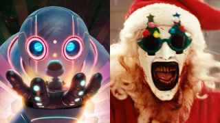 A glowing Roz from The Wild Robot, pictured next to a Christmas themed Art the Clown in Terrifier 3. 