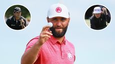 Main image of Jon Rahm holding up his ball at Liv Golf Mayakoba 2024 with inset photos of Patrick Reed (top left) and Cameron Smith (top right)