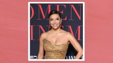 Eva Longoria wears a strapless gold glittered gown with a sleek side part ponytail and nude lipstick