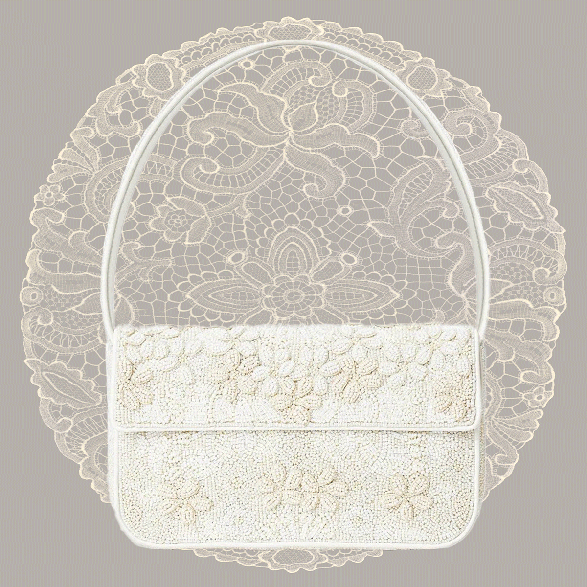 Photo collage GIF of different white bridal handbags.