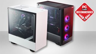 Two of the best gaming PCs on a grey background with the PC Gamer Recommends badge in the top right.