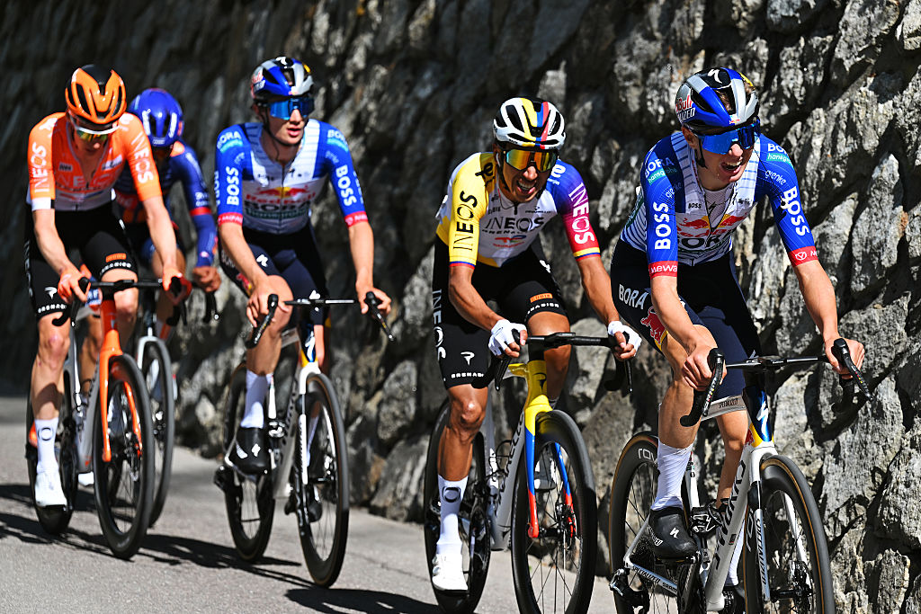 MARTELL, ITALY - APRIL 21: (L-R) Thymen Arensman of Netherlands and Team INEOS Grenadiers, Giulio Pellizzari of Italy and Team Red Bull - BORA - hansgrohe, Egan Bernal of Colombia and Team INEOS Grenadiers and Lorenzo Finn of Italy and Team Red Bull - BORA - hansgrohe compete in the breakaway during the 48th Tour of the Alps 2026, Stage 2 a 147.5km stage from Telfs to Martell - Val Martello 1153m on April 21, 2026 in Martell, Italy. (Photo by Tim de Waele/Getty Images)