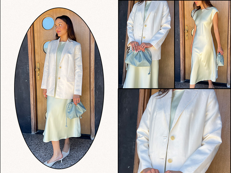 Editor wearing slip dress and white blazer