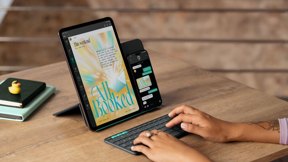 Logitech Flip Folio case being used with an iPad and iPhone resting in portrait orientation