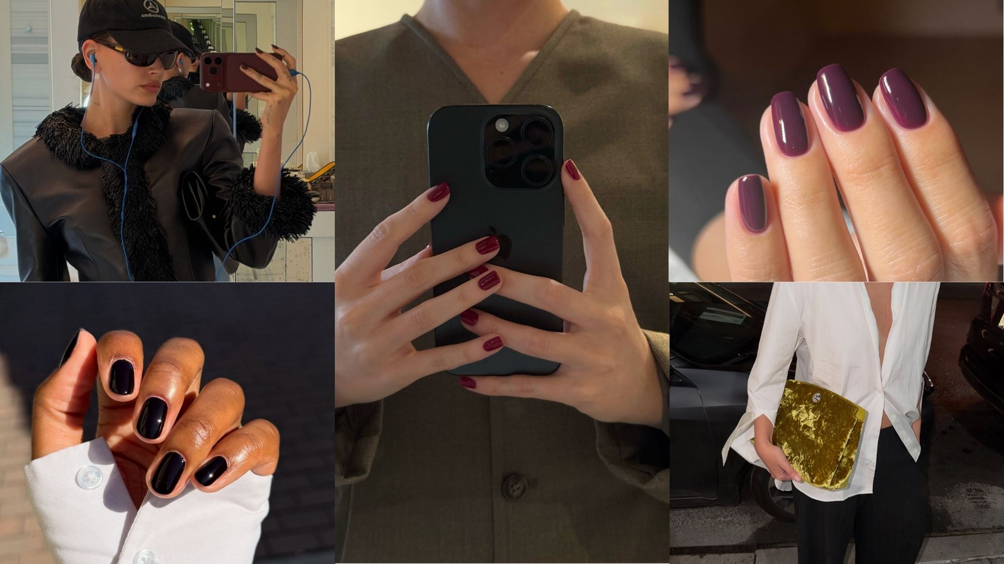 A collage of autumnal dark nail colours