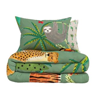 A green suvet set with an illustrated leopard and a sloth visible