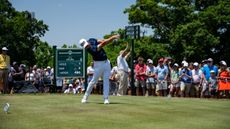 Viktor Hovland takes a tee shot at the 2023 Memorial Tournament