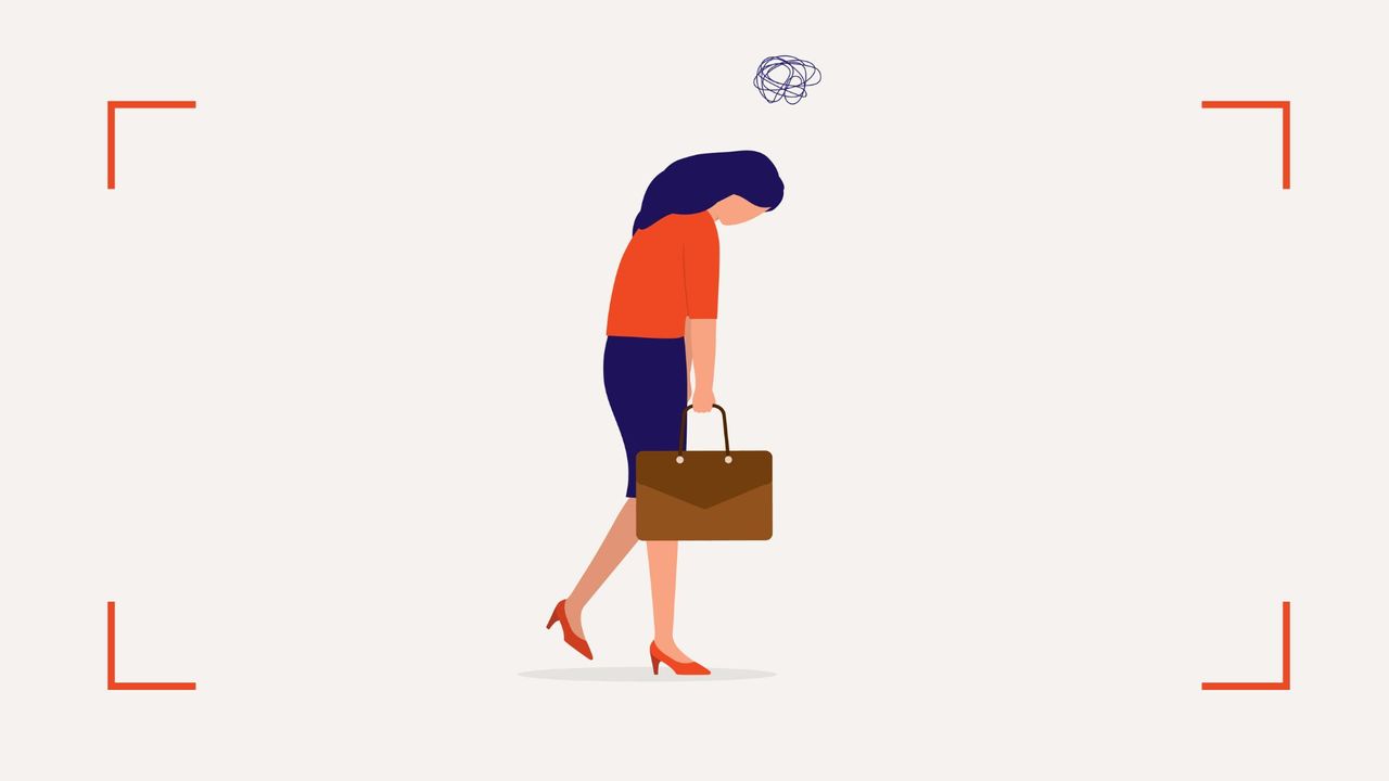 Illustration of a woman with squiggle over her head, carrying briefcase to represent burnout from work