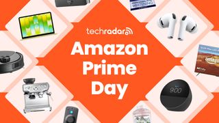 Collage of tech from the Amazon Prime Day sale including a MacBook, Sage coffee machines, AirPods and Echo Spot with the TechRadar logo in the middle