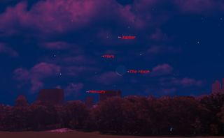 This sky map shows the locations of Jupiter, Mars, Mercury and the moon just before dawn on Aug. 4, 2013 as seen from mid-northern latitudes.